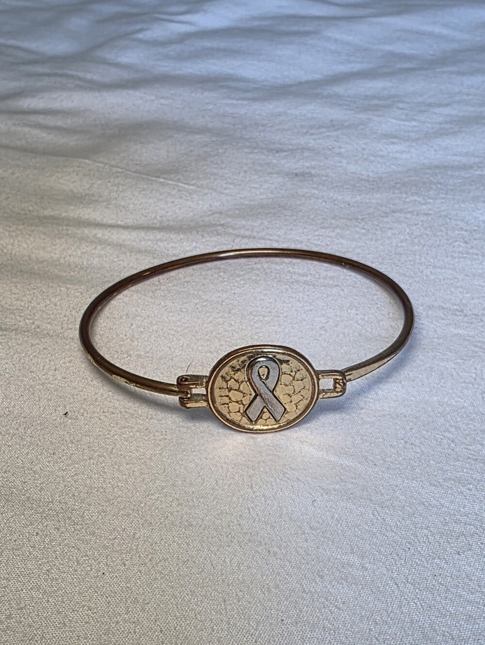 Gold Tone Cancer Awareness Silver Ribbon Accent Hinge Bangle Bracelet